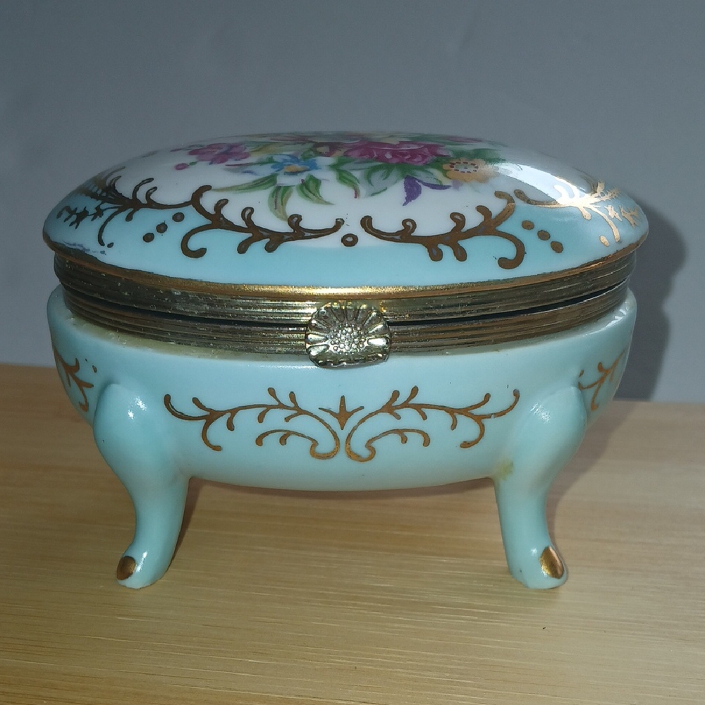 Norleans Footed Hinged Oval Trinket Box Blue floral